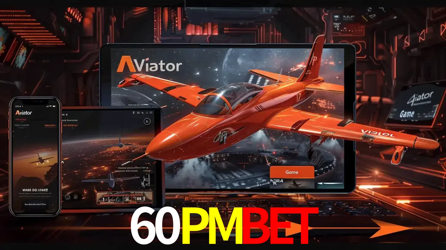 Apresentação tecnológica do jogo Aviator com um avião saindo da tela de um tablet, demonstrando a experiência imersiva em múltiplos dispositivos no 60PMBET.