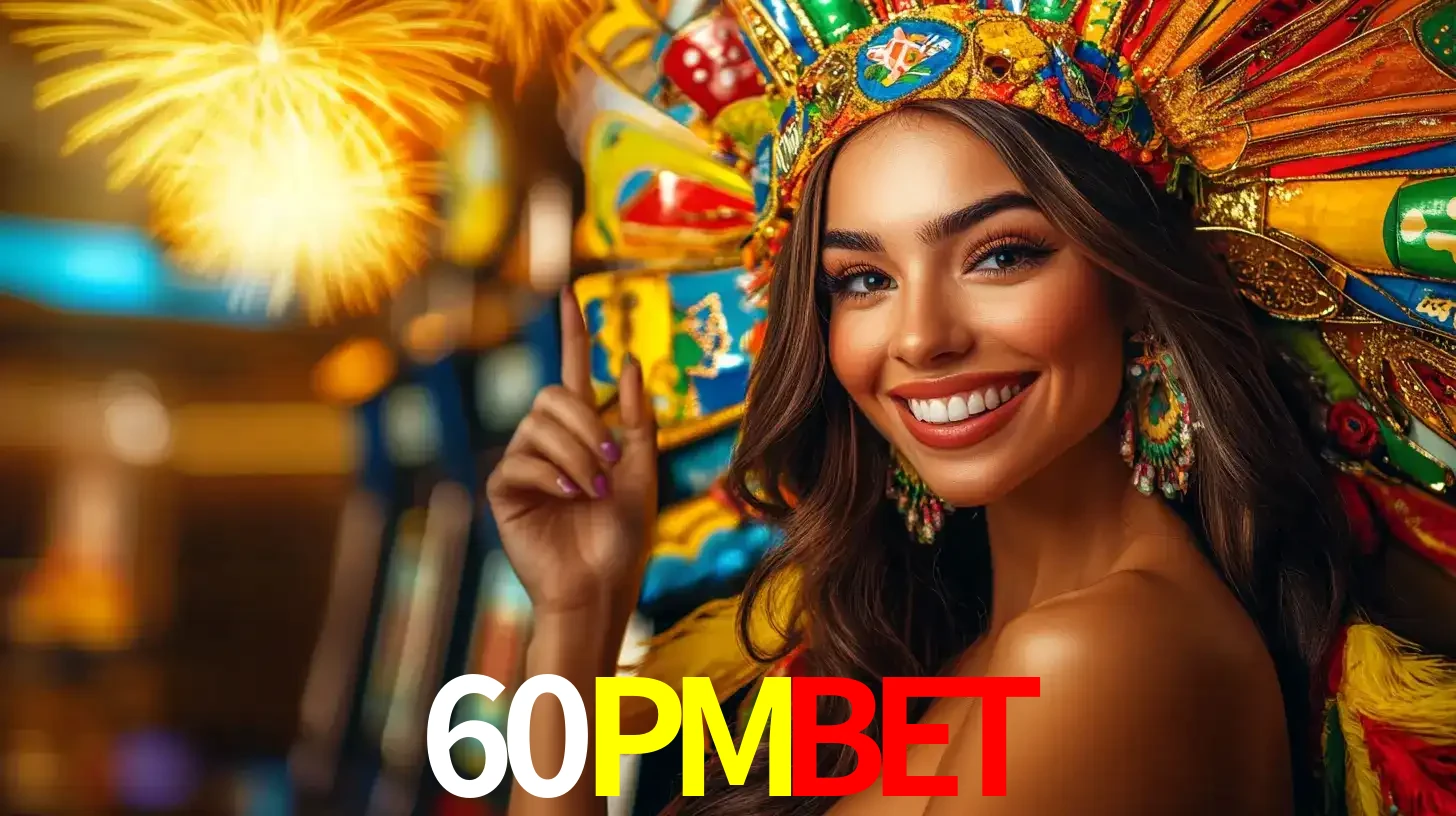 Mulher sorridente com um cocar de carnaval vibrante e colorido, celebrando uma grande vitória nos jogos do cassino 60PMBET com fogos de artifício ao fundo.