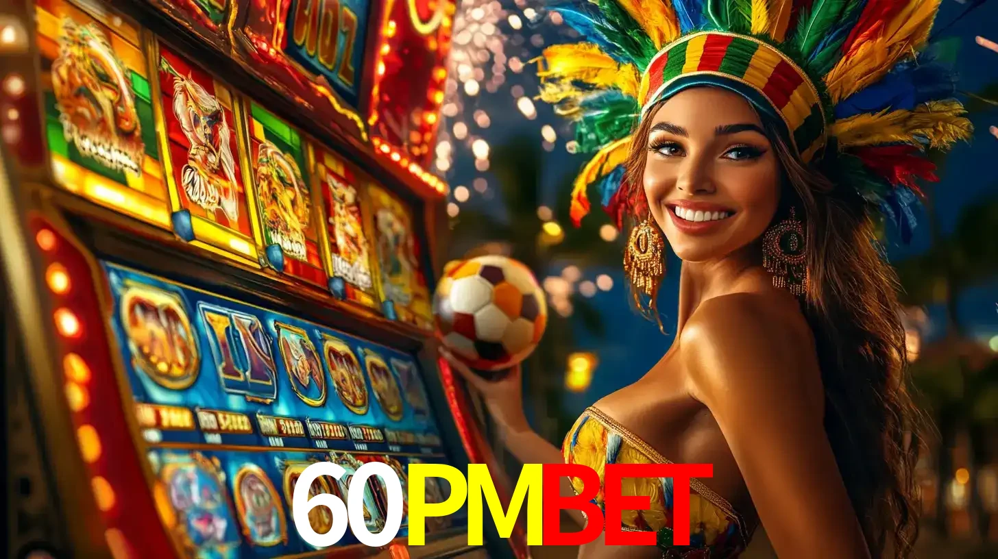 Mulher com um cocar de carnaval ao lado de uma máquina de caça-níqueis enquanto segura uma bola de futebol, mostrando a união da diversão de cassino e esportes no 60PMBET.