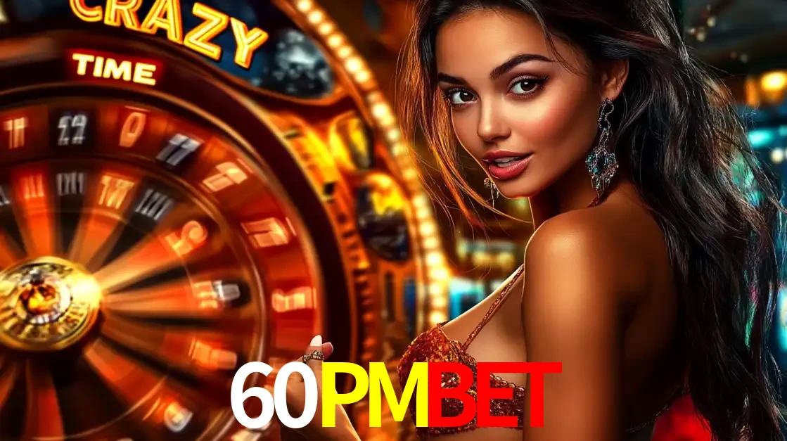 Mulher ao lado da roda de prêmios do jogo de cassino ao vivo Crazy Time, um dos shows de jogos mais emocionantes oferecidos pela plataforma de apostas 60PMBET.