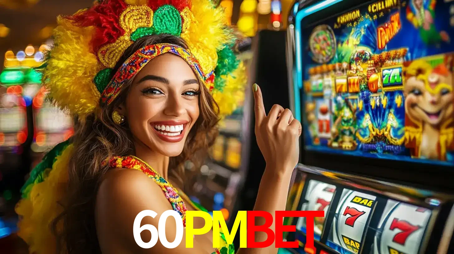 Mulher animada com um cocar de carnaval apontando para uma máquina de caça-níqueis, mostrando a emoção de ganhar um grande prêmio nos jogos do 60PMBET.