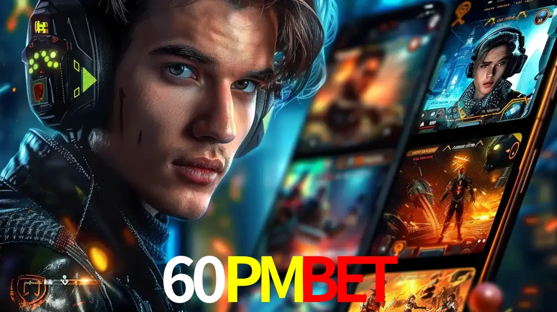 Jovem jogador com fones de ouvido olhando para a câmera, com um aplicativo de jogos e e-sports para celular ao fundo, pronto para a competição e apostas no 60PMBET.