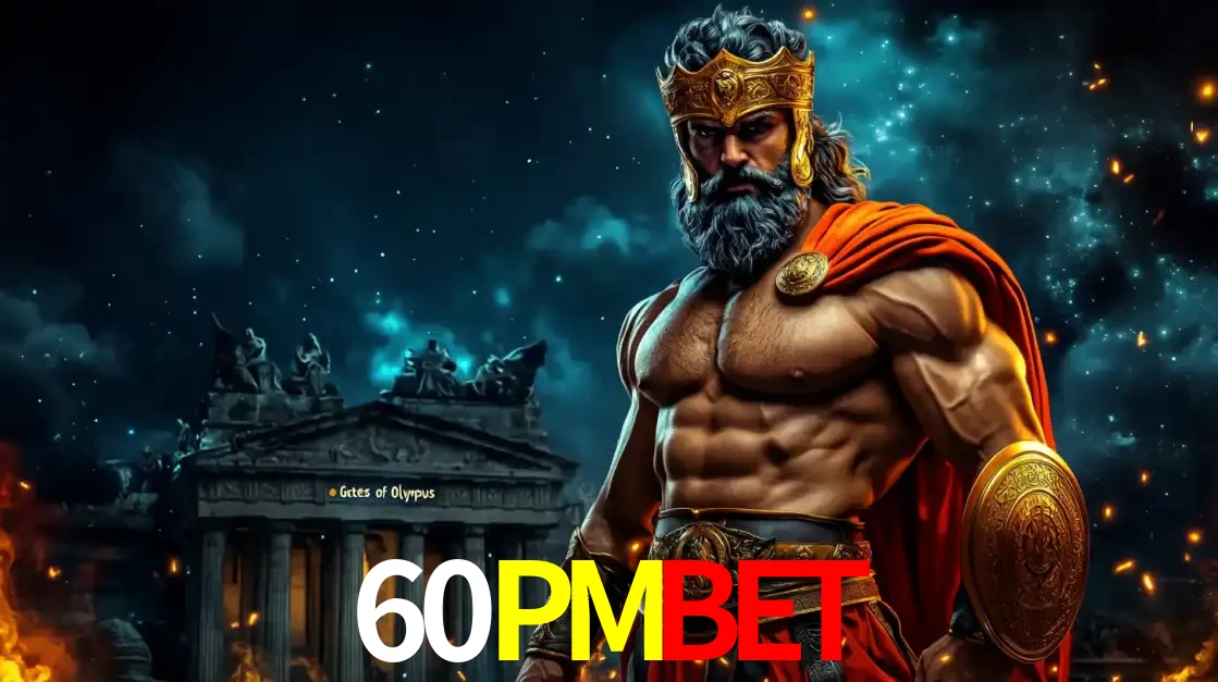 O poderoso Zeus do jogo de slot Gates of Olympus em frente ao seu templo, pronto para lançar multiplicadores divinos e prêmios épicos no cassino online 60PMBET.