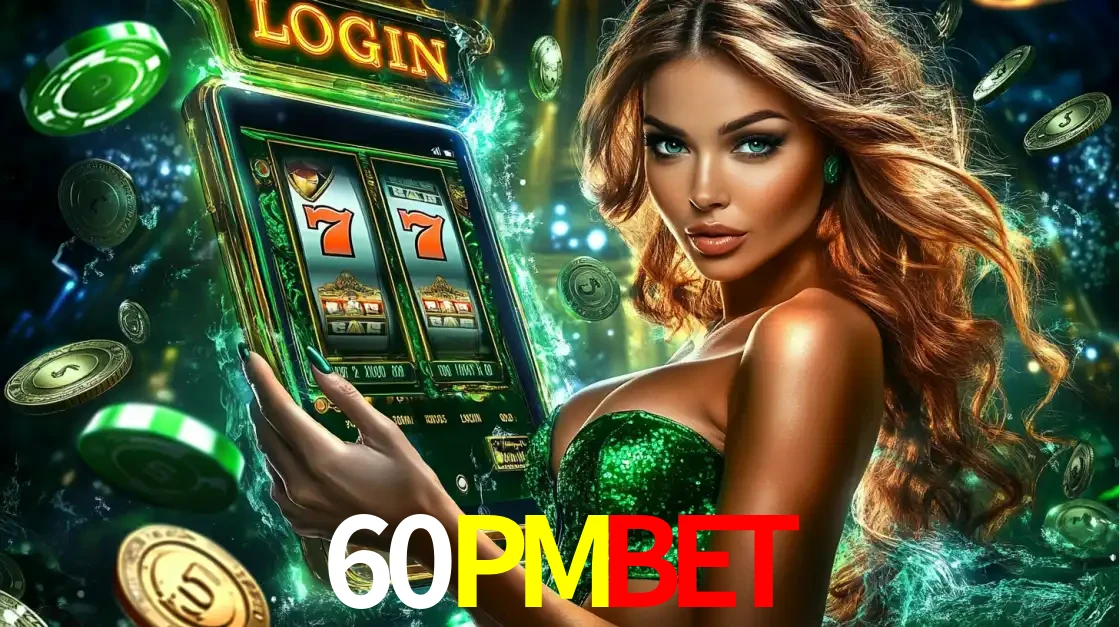Mulher com tema verde apresentando o aplicativo do cassino 60PMBET com um jogo de slot de 777, cercada por fichas de cassino e uma aura de sorte.