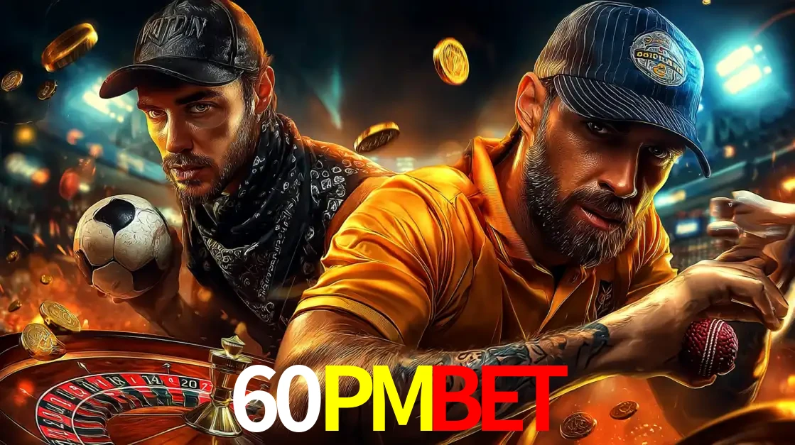 Montagem de apostas esportivas e cassino no 60PMBET, com um homem segurando uma bola de futebol e outro uma de beisebol sobre uma roleta e moedas voadoras.