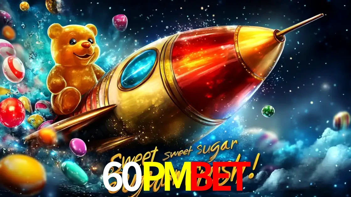 Arte promocional do jogo de slot Sugar Rush, com um urso de pelúcia em um foguete viajando pelo espaço de doces, um dos jogos divertidos disponíveis no cassino 60PMBET.