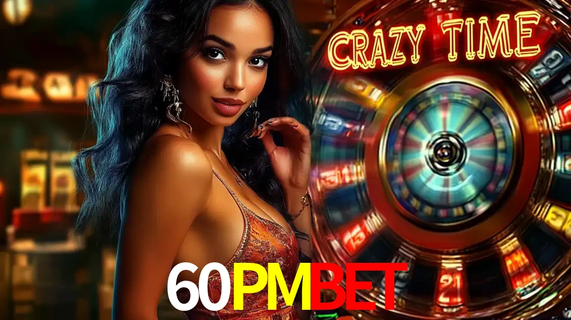 Mulher elegante ao lado da vibrante roda da fortuna do jogo de cassino ao vivo Crazy Time, um dos game shows mais populares e cheios de prêmios do 60PMBET.