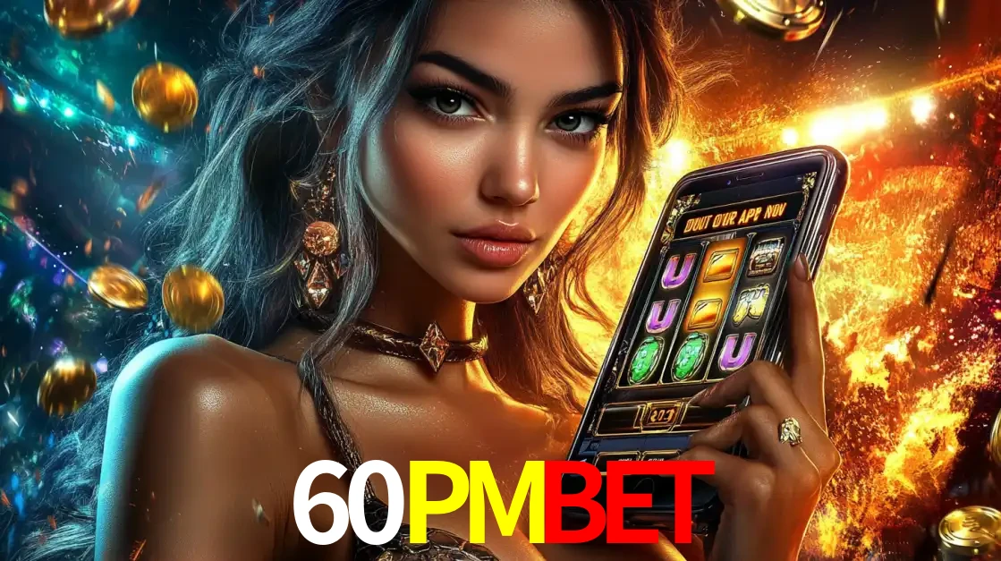 Mulher elegante mostrando um jogo de caça-níqueis em seu smartphone, destacando a experiência de cassino móvel oferecida pelo aplicativo 60PMBET.