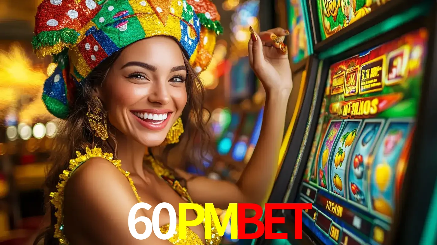 Mulher feliz com traje de carnaval amarelo e colorido ao lado de uma máquina de caça-níqueis, aproveitando a diversão e os jogos temáticos do cassino 60PMBET.