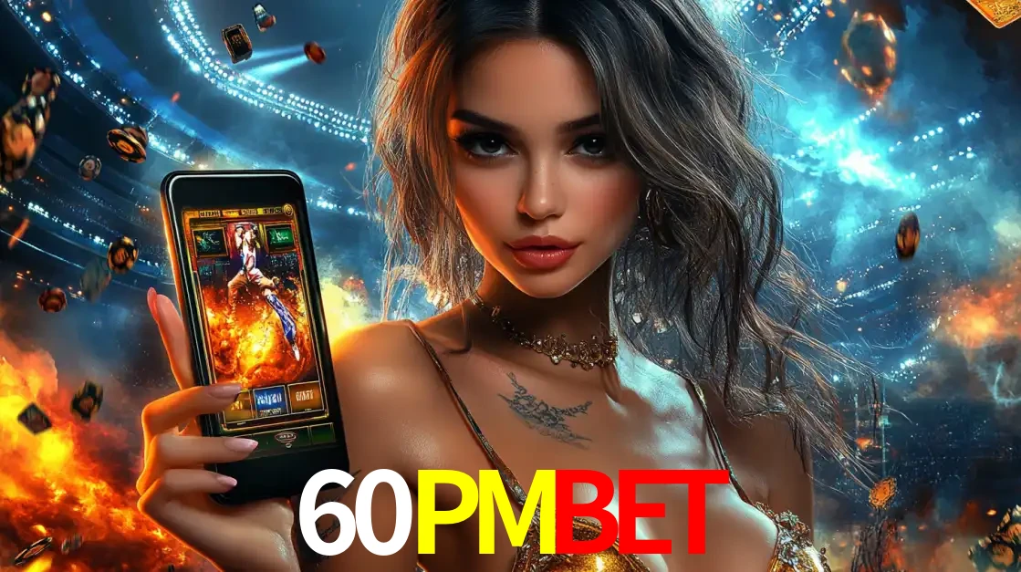 Mulher segurando um celular com um jogo de slot em destaque, tendo como fundo um estádio vibrante, simbolizando a emoção de jogar no cassino móvel 60PMBET.