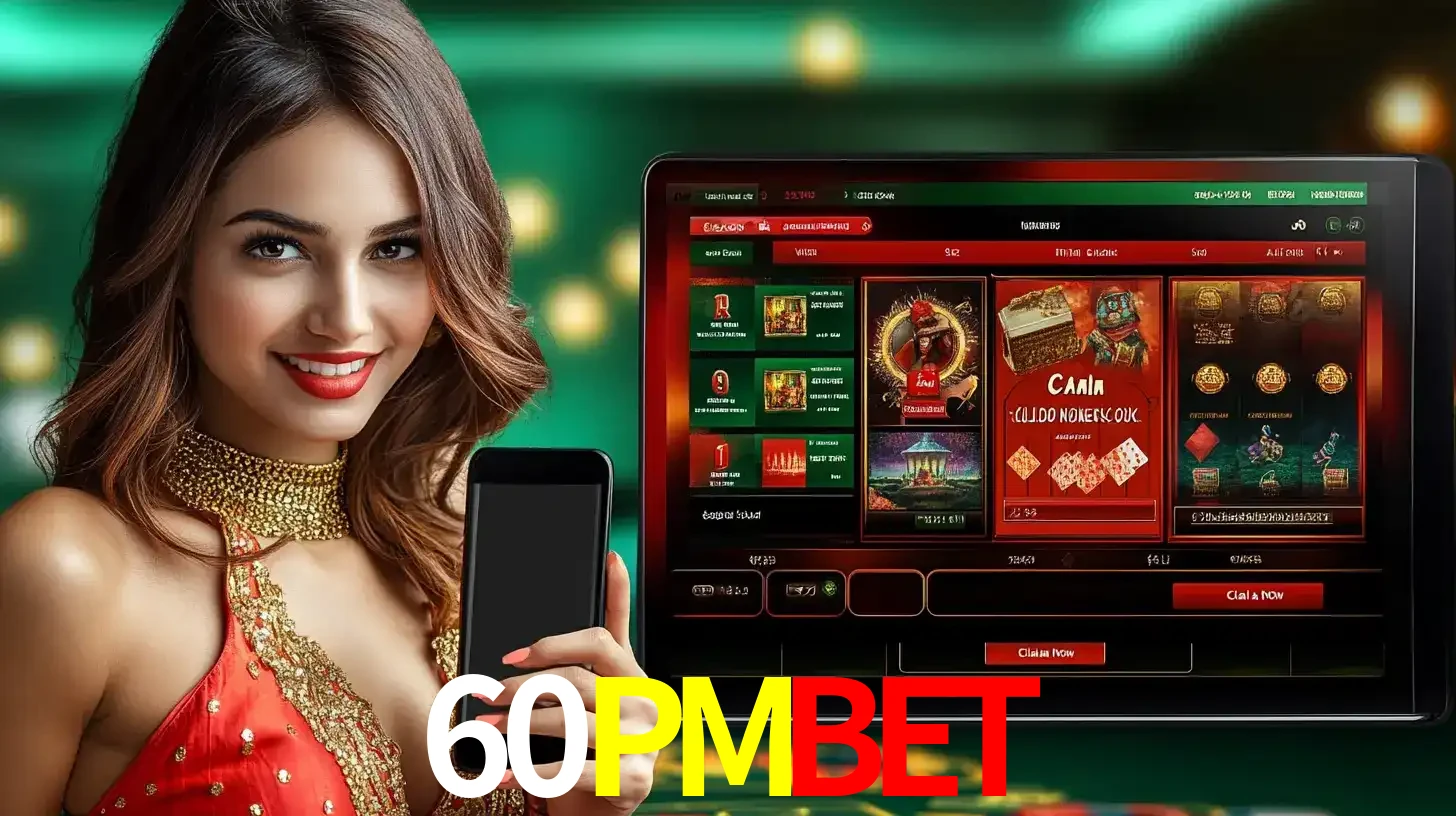 Mulher sorridente segurando um smartphone, ao lado de uma tela exibindo o lobby de jogos do cassino online 60PMBET, com várias opções de jogos de cartas e slots.